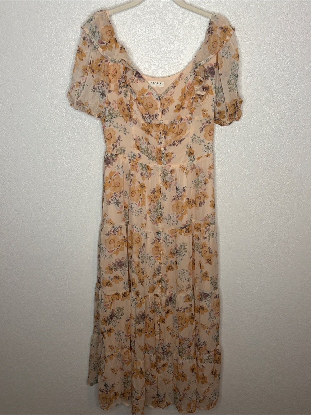 Storia Peach Floral Button Down Ruffle Tiered Maxi Dress Puff Sleeves Size Med